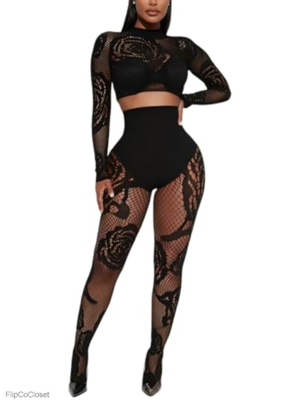 Sexy Fishnet Seamless 2 Piece Outfit Mock Neck Crop Top Legging Set